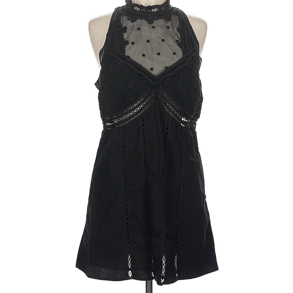 Free People Valencia Mini Dress featuring a black lace high neck and sheer dot - Picture 4 of 6